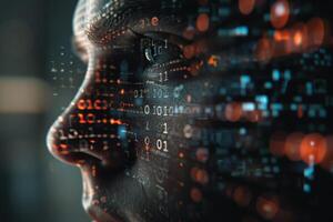A woman's face is surrounded by digital data photo