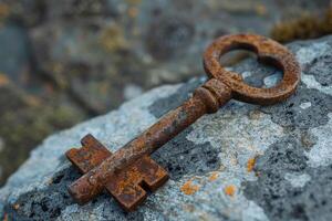 An old rusty key on a rock photo