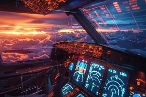 The cockpit of an airplane with the sun setting behind it photo
