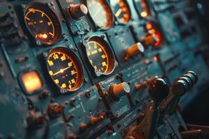 The cockpit of an airplane with many gauges photo
