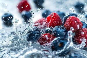 Juicy blueberries and bright red raspberries burst through sparkling water, creating a refreshing moment that showcases their vibrant colors and textures photo