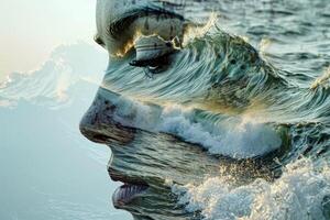 The portrait of a woman merges with the dynamic movement of ocean waves, symbolizing the deep link between human feelings and the natural world during twilight photo