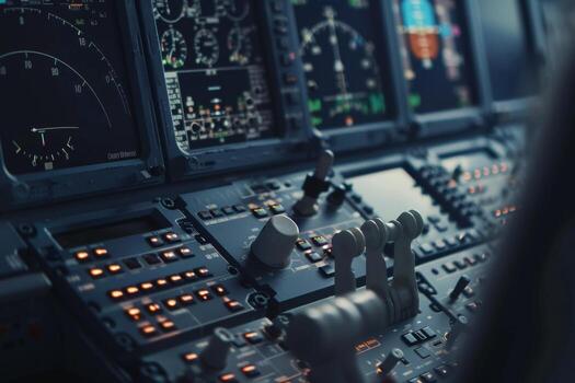 Inside the cockpit, a pilot manages critical flight operations using advanced controls and instruments, ensuring safe navigation and monitoring photo