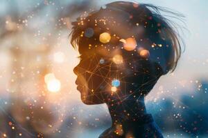 A young child stands in profile, quietly reflecting as colorful lights and patterns swirl around, creating a magical atmosphere against the backdrop of a setting sun photo