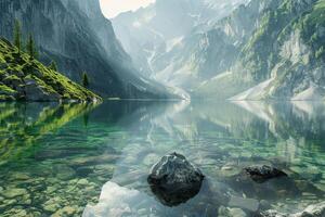 The tranquil lake mirrors the towering mountains and vibrant greenery around it, creating a breathtaking view in the soft morning light that invites relaxation photo