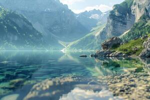 Nestled in the mountains, the tranquil lake mirrors the jagged peaks and vibrant greenery, creating a picturesque scene under the bright sun photo