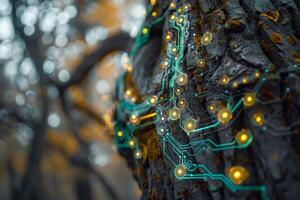 A tree trunk displays a blend of natural bark textures and illuminated circuit designs, symbolizing the intersection of technology and nature in an autumn forest photo