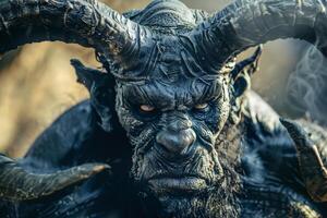 The formidable creature stands menacingly, showcasing intricate textures on its skin and impressive horns, surrounded by a mystical forest background at dusk photo