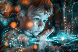 A child engages with a luminous digital interface, mesmerized by bright colors and complex patterns glowing in the darkness, showcasing curiosity and wonder photo