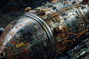The close-up highlights the complex design of a rusted spacecraft engine, featuring exposed wiring and metallic surfaces in a sci-fi environment, emphasizing its intricate details photo