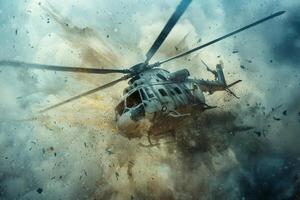 A military helicopter maneuvers through intense smoke and debris caused by an explosion, showcasing the chaos of a battle environment during a conflict photo