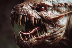 The creature exudes terror with its jagged teeth and glowing eyes, set against a dimly lit backdrop that enhances its fierce presence and dramatic detail photo