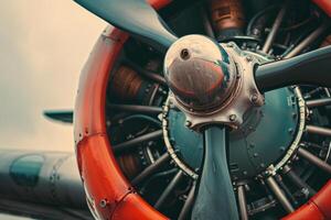 The image captures a close-up view of a colorful aircraft propeller, highlighting its intricate design and mechanical components against a cloudy background photo