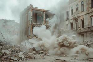 Dust and debris fill the air as a building crumbles in an urban setting, highlighting the aftermath of demolition and the chaos that follows photo