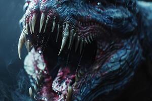 This striking creature features sharp teeth and complex textures, set against a dark, moody background, conveying an eerie, threatening presence photo