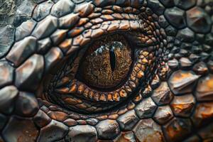 A striking close-up reveals the eye of a reptile, highlighting its textured scales and vibrant colors. Natural light enhances the intricate patterns and depth of the eye photo