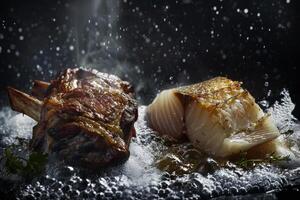 Juicy lamb chops sear alongside a delicate fish fillet, both releasing flavorful steam, enhanced by a touch of fresh herbs in a dark setting photo