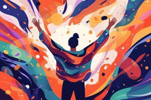 A person stands with arms outstretched, surrounded by a whirlwind of colorful abstract shapes and patterns, symbolizing freedom and creative expression photo