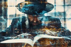 A man wearing a black hat immersed in reading a book while illuminated by light from cityscapes and digital data, creating a unique blend of tradition and modernity photo
