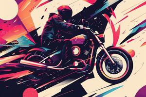 A motorcycle rider speeds through a striking abstract backdrop filled with vivid colors and sharp lines, capturing a sense of exhilaration and freedom photo