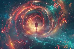 A solitary person appears to be walking through a mesmerizing cosmic tunnel filled with vivid swirling colors and sparkling stars, creating a sense of wonder and exploration photo