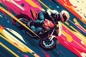 A motorcyclist leans forward on their bike, racing through a burst of bright colors and abstract shapes, capturing the thrill of speed and movement photo