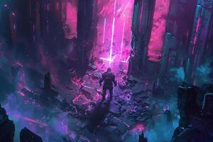 A solitary figure gazes at a glowing portal surrounded by ruins, bathed in vivid neon light. The environment evokes a sense of mystery and adventure in a futuristic realm photo