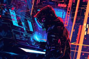 In a dark, immersive space filled with neon colors, a hacker engages with multiple high-tech screens, analyzing data and navigating complex information in a digital realm photo