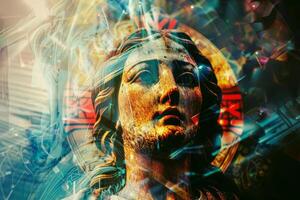 The artwork showcases a striking wooden statue of a religious figure, illuminated by colorful light effects, surrounded by intricate patterns and designs that enhance its spiritual aura photo