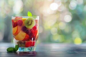 A colorful fruit cocktail made with kiwi slices, raspberries, and other fruits is served in a glass on a wooden table. The background features a soft, blurred outdoor environment photo