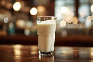 A tall glass filled with creamy milk sits on a shiny wooden bar surface. The warm, inviting ambiance features blurred lights creating a comfortable atmosphere photo
