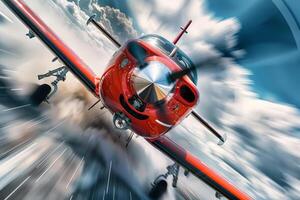 The bright red plane showcases impressive aerobatics, soaring through the sky while cutting through fluffy clouds on a clear day, displaying skillful piloting photo