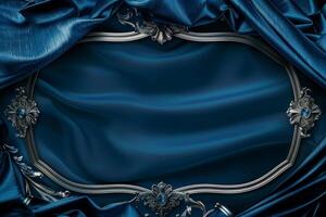 A striking silver frame is surrounded by deep blue velvet drapery, creating an elegant setting perfect for showcasing artwork or formal announcements. The rich texture enhances the atmosphere photo