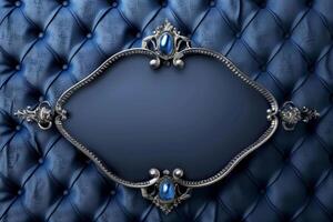 A refined blue tufted surface serves as a backdrop, enhanced by a decorative silver frame. The frame features intricate designs, suitable for displaying text or art photo