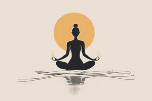 A figure sits in a cross-legged position near water, hands resting gently, as the sun rises behind, creating a serene atmosphere of calm and reflection photo