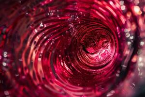 The vibrant red liquid glimmers and swirls inside a transparent glass, reflecting light beautifully, creating an intriguing visual effect that captures attention photo