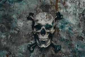 Skull with two crossed bones on a wall photo