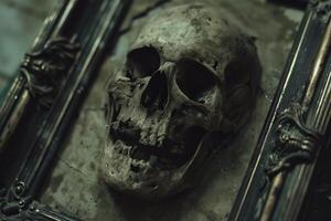 A skull is displayed in a frame, with a dark and eerie mood photo