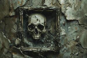 A skull is in a frame on a wall photo