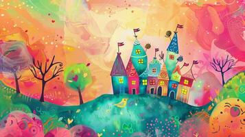 A colorful painting of a village with houses and trees photo
