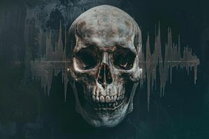 A skull with a skull on top of it and a sound wave in the background photo