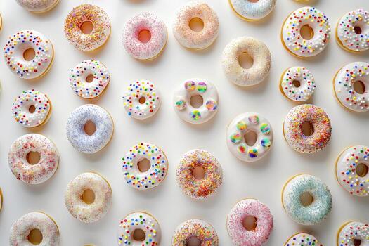 An enticing collection of donuts is displayed, featuring vibrant sprinkles, icing, and assorted flavors arranged neatly on a clean white surface, ready to be enjoyed photo