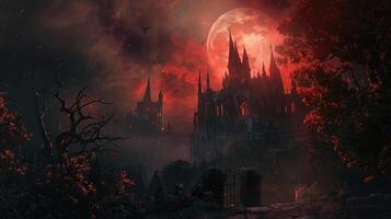 A dark and ominous scene with a large red moon in the sky photo