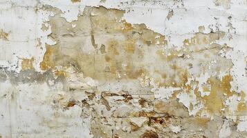 The wall displays layers of peeling paint and rough texture, revealing the underlying materials and showcasing signs of decay in an urban setting photo