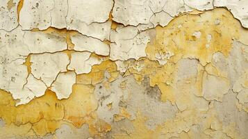 A weathered wall displays extensive cracks and peeling paint in shades of yellow and white, highlighting the effects of aging and environmental exposure over time photo