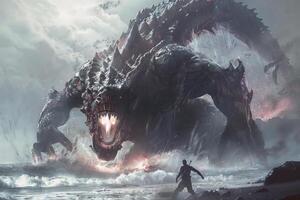 A massive mythical creature emerges from turbulent waters, facing a solitary warrior armed with a sword on a stormy shoreline, creating a dramatic standoff photo