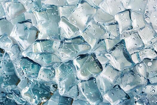 A close-up view captures clear ice cubes glistening with condensation, reflecting light and creating a refreshing ambiance in a drink setting photo