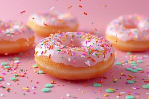 Delicious looking donuts topped with vibrant icing and an abundance of colorful sprinkles are arranged on a soft pink surface, inviting sweet indulgence photo