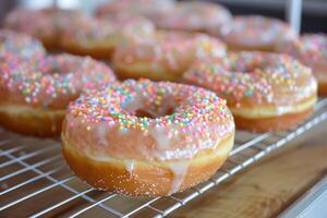Delicious donuts topped with vibrant sprinkles rest on a wire rack. The warm bakery atmosphere and morning light enhance their appeal, inviting customers to indulge photo