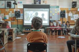 A child sitting in a chair in front of a classroom photo